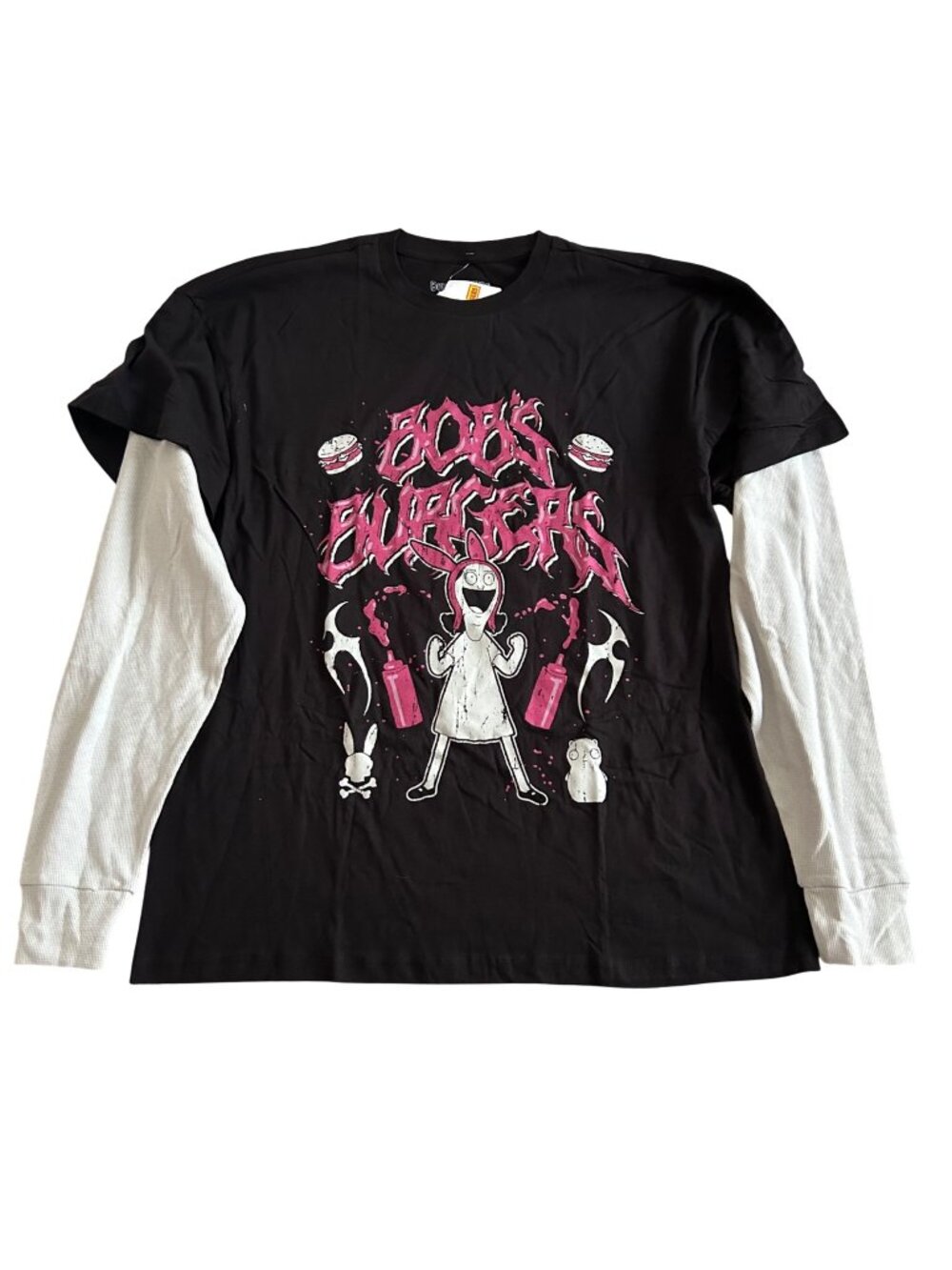 Bobs Burgers Women's Sz Small Black & White Louise 2-Fer Long Sleeve Graphic Tee